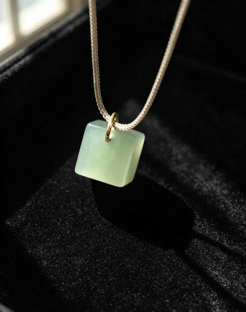 Minimal Clear Water Hetian Jade Cube Pendant