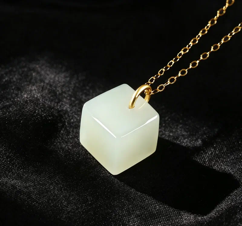 Pure White Suet Jade Minimal Cube Pendant